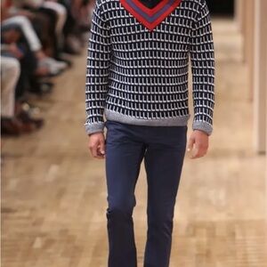 Perry Ellis Blue and Red Patterned V-Neck Sweater